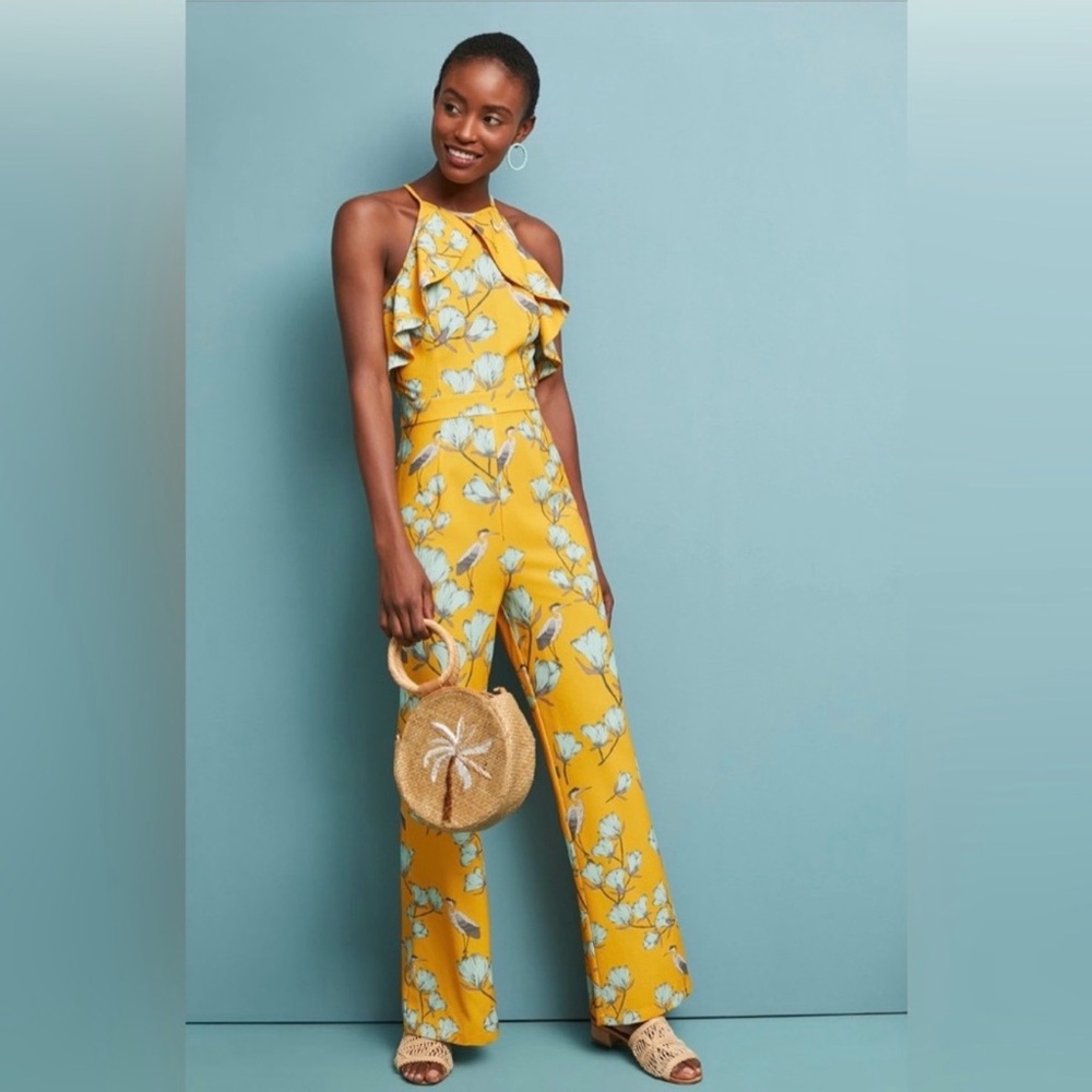 Anthropologie Varun Bahl Yellow Floral Wide Leg Jumpsuit NWT Size 14